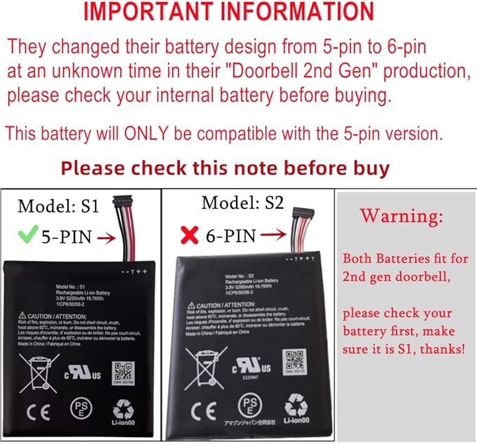 Replacement Internal Battery S1 (5 Pins) for Ring Video Doorbell, 5200mAh, 19.76Wh, Battery Plug: 5 Cable