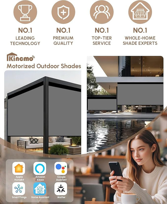Kincmo Motorized Outdoor Shades for Patio Porch, Custom Outdoor Motorized Blinds with Remote, Waterproof & Windproof Patio Shades Work with Apple Home,Alexa,Google (0% Openness Medium Grey)