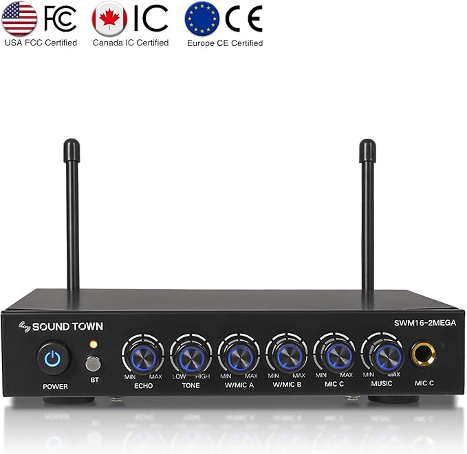 Sound Town 100 Channels Wireless Microphone Karaoke Mixer System with 2 Metal Handheld Microphones, Optical (Toslink), AUX, for Smart TV, Home Theater, Sound Bar (SWM16-2MEGA)
