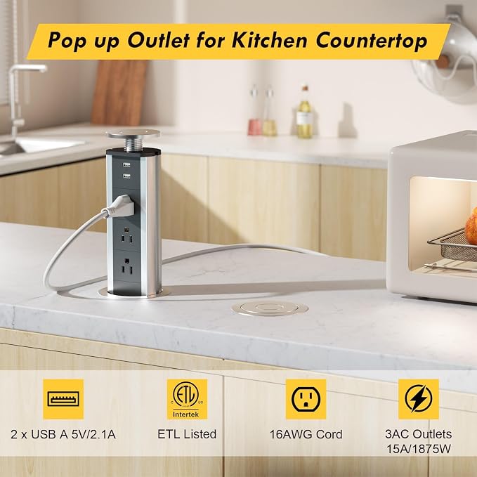 Pop up Outlet for Countertop, 3 AC Outlets & 2 USB-A, 3-1/4 Inch Silver