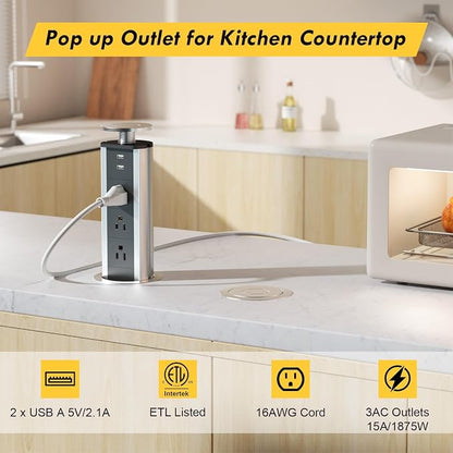 Pop up Outlet for Countertop, 3 AC Outlets & 2 USB-A, 3-1/4 Inch Silver