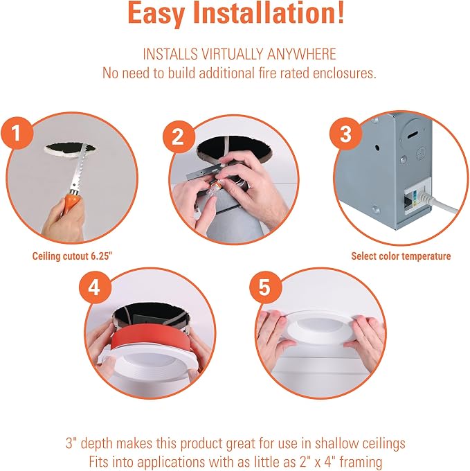 HALO RL 6 in Fire Rated Canless Integrated LED Recessed Light Trim Selectable 5CCT 2700K-5000K, 1400 Lumens, Dimmable IC Rated, Airtight, Wet Location