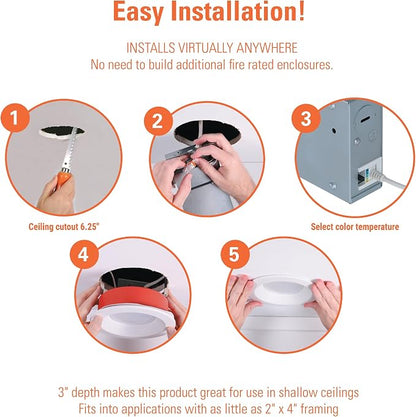 HALO RL 6 in Fire Rated Canless Integrated LED Recessed Light Trim Selectable 5CCT 2700K-5000K, 1400 Lumens, Dimmable IC Rated, Airtight, Wet Location
