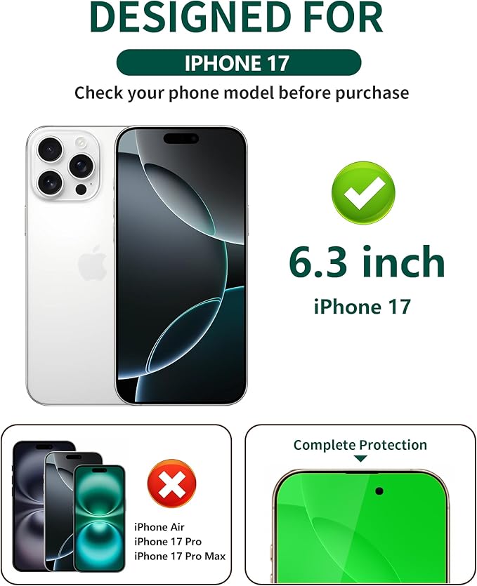2 Pack for iPhone 17 Privacy Screen Protector Tempered Glass 6.3 inch Private Protective Film Anti-Blue Light Anti Spy No-Bubble Gradient Green [HD Clarity]