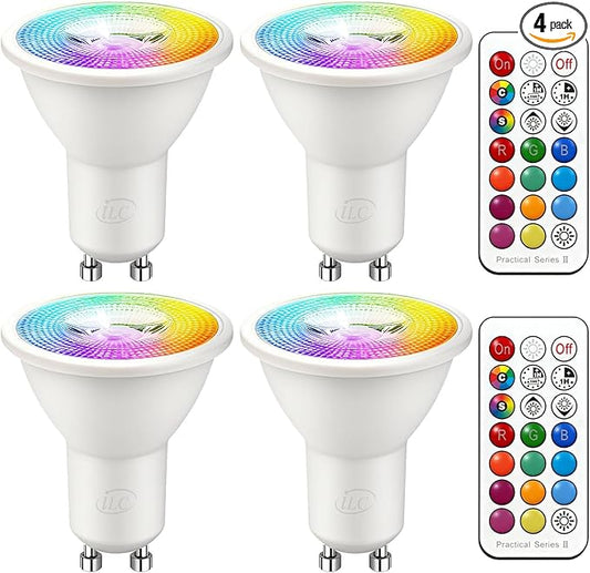 ILC GU10 LED Light Bulb, 40 Watt Equivalent Color Changing 12 Colors 5W Dimmable Daylight White 5000K RGB LED Light Bulbs with Remote Control (Pack of 4)