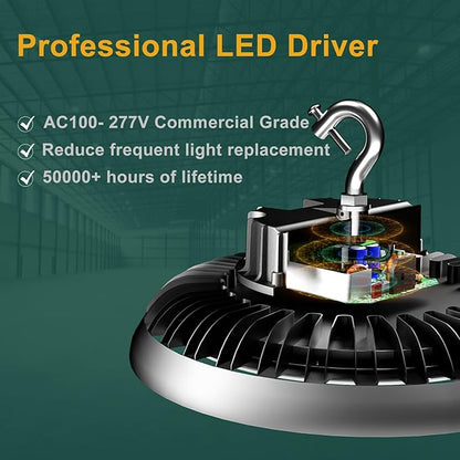 LED High Bay Light 420W 60000lm 5000K High Bay LED Shop Lights with US Plug, AC100-277V UFO Commercial Bay Lighting for 30-55FT Height -2Pack