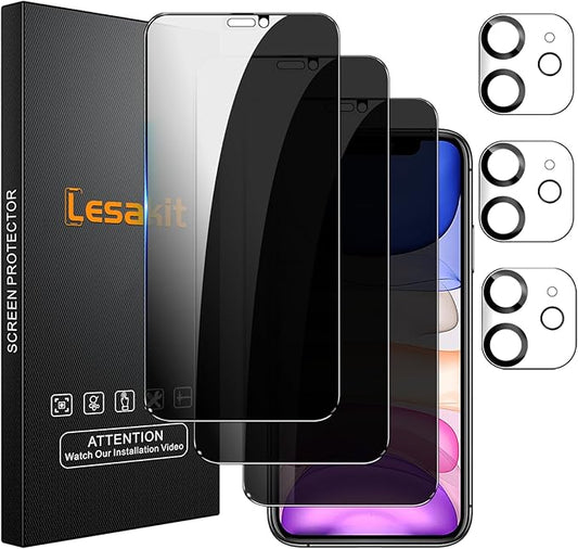 Lesakit 3+3 Pack Privacy Screen Protector for iPhone 11 6.1-Inch with 3 Pack Camera Lens Protector, Anti Spy Tempered Glass Film 9H Hardness Bubble Free Case Friendly