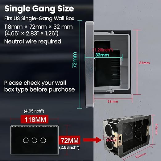 Smart Switch Aluminum Frame,2.5D Glass Panel,4.65 X 2.83 X 1.26 Inches,Need Neutral Wire,2.4GHz WiFi,Work with Tuya/Smart Life,App/Voice Control,Black 3 Button