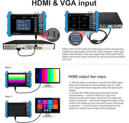 EVERSECU 7 Inch Touch Screen CCTV Tester Supports Up to 8K IP Camera & 8.0 Megapixel HD & CVBS Analog Camera, TDR Cable Test, Built in Wi-Fi, Video Level Meter, POE/DC Power Output