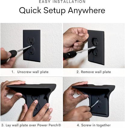 Power Perch Outlet Shelf Organizer for Alexa Echo Dot, HomePod Mini Speakers, Phone - Wall Outlet Holder with Cord Storage Strap - Socket Shelf Bathroom Kitchen Counter Charging Station - Black 2 Pack