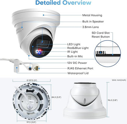 6MP PoE IP Turret Camera, PoE Camera Outdoor w/Red-Blue Alarm Lights & Sound, 98FT Smart Color Night Vision, 2-Way Audio, AI Human/Vehicle Detection, Full Metal IP67, 114°Wide Angle