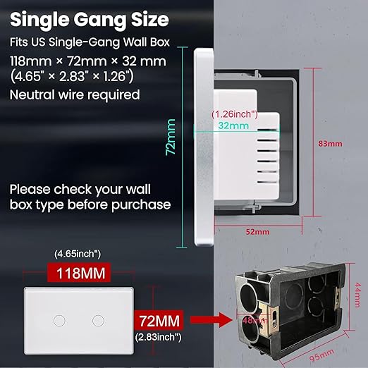 Smart Switch Aluminum Frame,2.5D Glass Panel,4.65 X 2.83 X 1.26 Inches,Need Neutral Wire,2.4GHz WiFi,Work with Tuya/Smart Life,App/Voice Control,White 2 Button