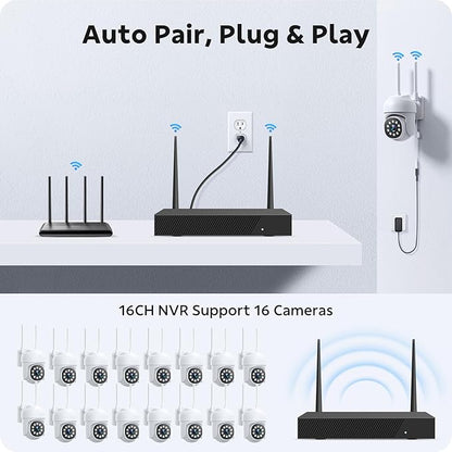 CAMCAMP 16 channel Security Camera System Wireless Cameras for home Security, 360° Auto Tracking, Pan & Tilt App Control, Two-Way Audio, 3 Night Vision, 4K NVR w/ 500GB, CCTV Surveillance Kit(16, CAM)