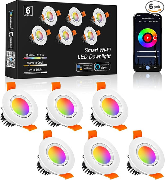 2 Inch Smart LED Recessed Lighting, 5W WiFi RGB Downlight, CCT 2700-6500K Dimmable Color Changing Recessed Ceiling Light, 110V Recessed Light Compatible with Alexa & Google Home with LED Driver 6 Pack