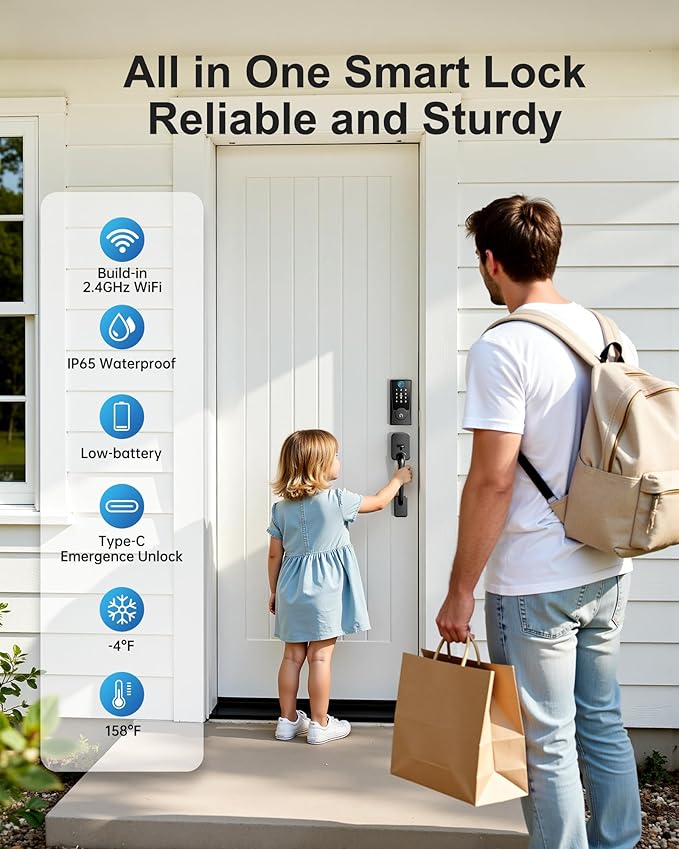 WiFi Smart Locks for Front Door: Keyless Entry WiFi Keypad Deadbolt Lock, Compatible with Alexa, Remote Control, Fingerprint Password Unlock, Auto Lock, Built-in Wi-Fi (2.4Ghz)