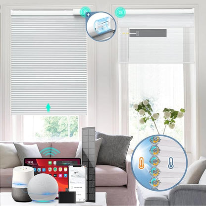 Motorized Cellular Shades with Remote Control, Blackout Electric Smart Blinds(Free Solar Panel) with Cordless, Windows Automatic Honeycomb Blinds, with Alexa Google, White, 34"×72"