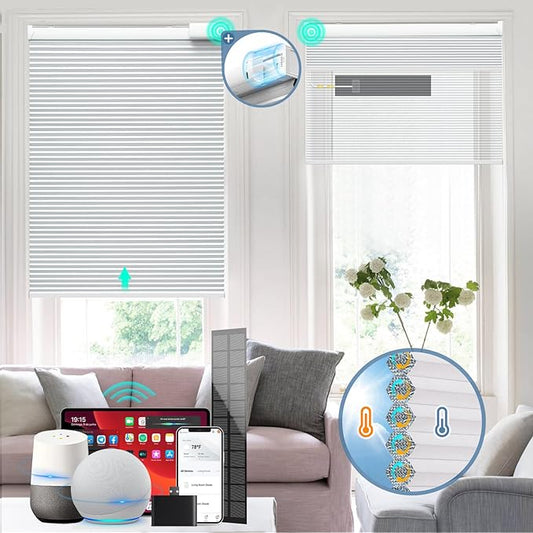 Motorized Cellular Shades with Remote Control, Blackout Electric Smart Blinds(Free Solar Panel) with Cordless, Windows Automatic Honeycomb Blinds, with Alexa Google, White, 30"× 64"