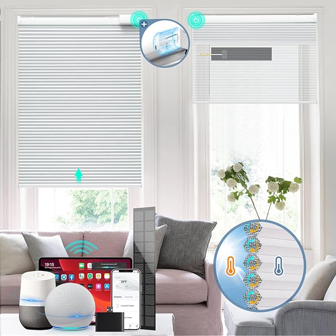 Motorized Cellular Shades with Remote Control, Blackout Electric Smart Blinds(Free Solar Panel) with Cordless, Windows Automatic Honeycomb Blinds, with Alexa Google, White, 36"× 64"