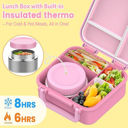 Bento Lunch Box for Kids with 9oz Thermo, Leak-proof Lunch Containers with 3 Compartments,Kids-friendly Size,Durable/Dishwasher Safe Lunch Box for School Outdoors-Pink