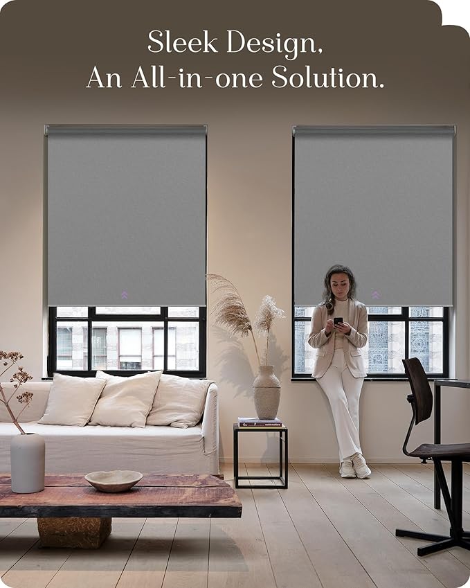 Graywind Smart Roller Shades 100% Blackout Window Blinds with APP Control Customized Automatic Shades for Home and Office(34" Wx72 H,Grey)