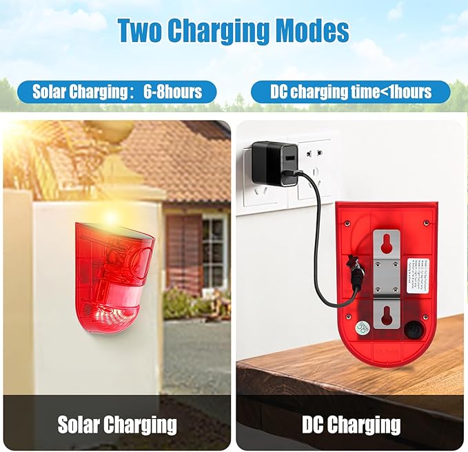 Qualirey Solar Sound and Light Alarm Motion Sensor 129db Outdoor Security Siren Waterproof Activated Detector Driveway Alarm 6 LEDs Flash Warning Deterrent Strobe System for Home, Farm(Red,12 Pack)