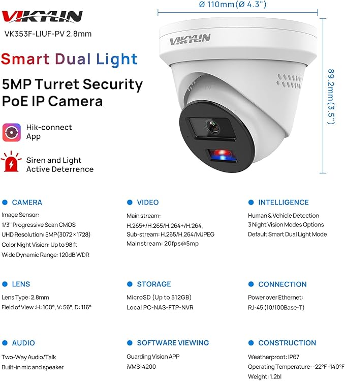 VIKYLIN 5MP PoE IP Camera with Red Blue Strobe Flash Light Alarm, Active Deterrent Security Camera, Full Color Night Vision, Two-Way Audio, Human Vehicle Detection,