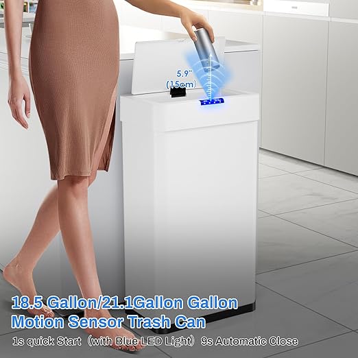 Sensor Trash Can, Touchless Motion Sensor Trash Bin, Smart Automatic Garbage Can with Soft-Close Lid, Bag Retainer Ring and Display Light,for Kitchen,Living Room Office (White, 13.2 Gal)