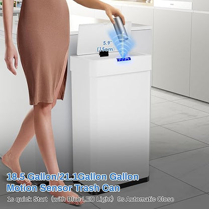 Sensor Trash Can, Touchless Motion Sensor Trash Bin, Smart Automatic Garbage Can with Soft-Close Lid, Bag Retainer Ring and Display Light,for Kitchen,Living Room Office (White, 13.2 Gal)