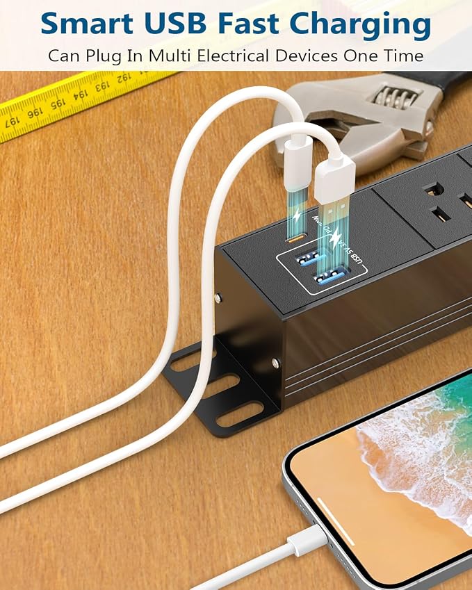 2 Packs 8 Outlet Heavy Duty Power Strip with USB PD 20W, BTU Surge Protector 6FT Cord Long Power Strip with USB A & USB C, Wide Spaced and Wall Mount Metal Powerstrip for Home Office Garage Workshop
