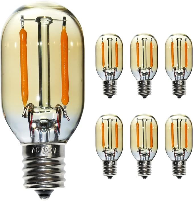 6 Pack T22 LED Night Light Bulbs, E12 Candelabra Bulb 10 Watt Equivalent, 10000+ Hours 2200K Amber Warm Light Bulb, 1W Low Wattage Replacement Bulbs for Lava Salt Lamp Decorative String Lights
