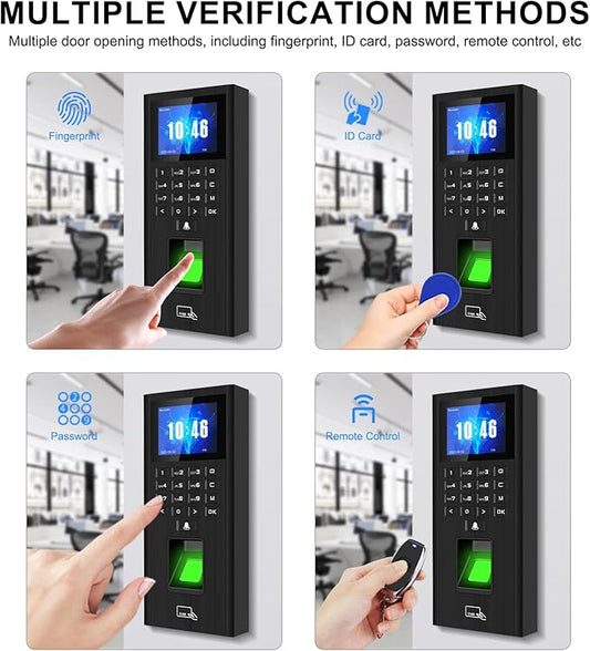 Fingerprint access control with time clock, password, and card access control keypad. HD screen, keypad door lock controller, 1000 user capacity. Suitable for offices, villas, apartments, homes