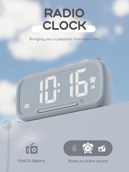 ROCAM Clock Radio, FM Radio Alarm Clock for Bedroom Modern Design, Auto Scan 20 Presets Auto-Off Sleep Timer, Bluetooth Speaker, Night Light, USB Ports, Brightness Dimmer