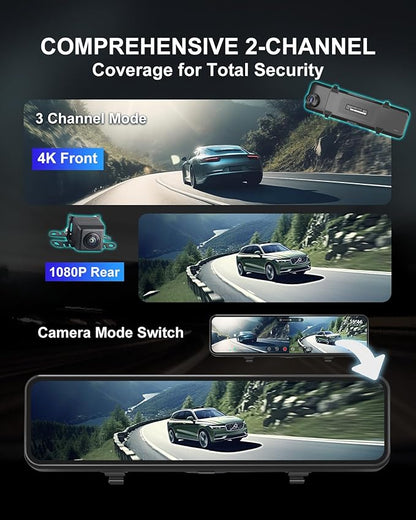 4K Mirror Dash Cam, 11" Rear View Mirror Dash Camera Front and Rear with Touch Screen,Backup Camera for Car RV Truck, Night Vision, Free 64GB Card, WDR, G-Sensor and Parking Assistance