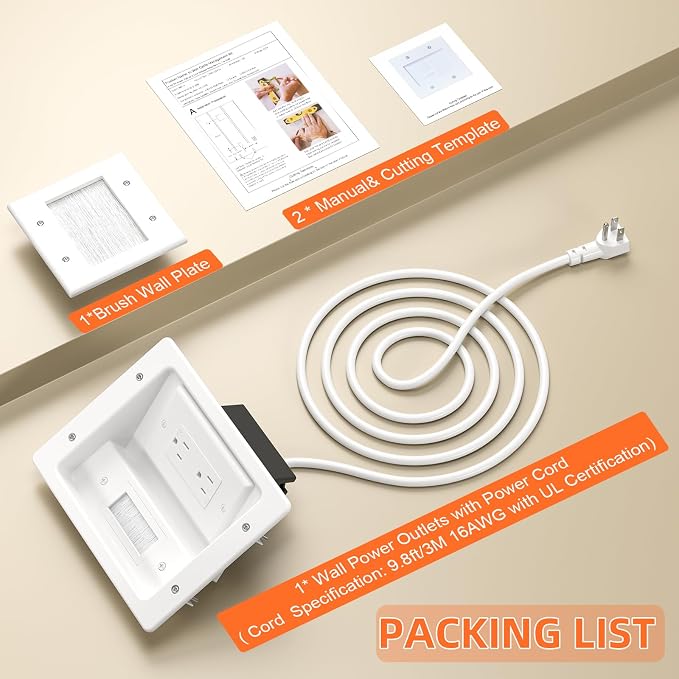 in Wall Cable Concealer Kit with Brush Wall Plate,Recessed Outlet Box,9ft Cord,2 Gang Pass Through Wire Hider for TV Cable Management,HDMI Cables and Home Theater Systems
