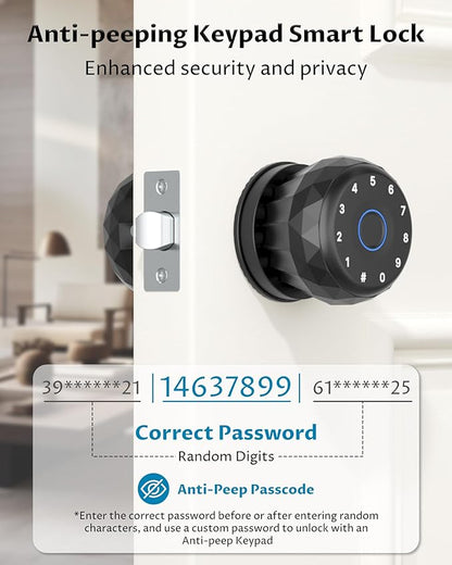 Smart Door Knob with Keyless Entry, Fingerprint Door Lock with Keypad & App Control, Auto Lock, Easy Install, Electronic Door Lock for Bedroom, Apartment, Office
