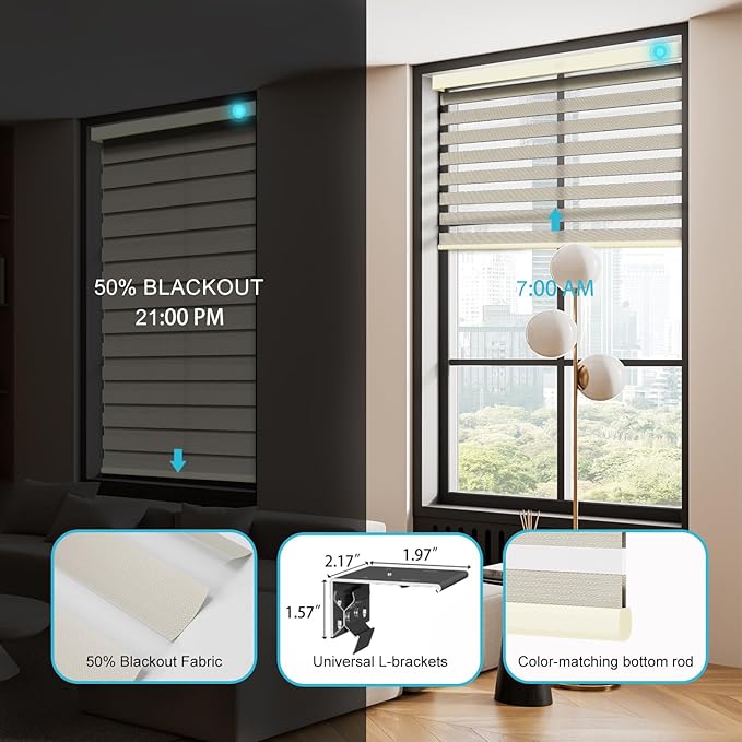 Motorized Zebra Blinds with Remote, Work with HomeKit Alexa, Smart Light Filtering Horizontal Automatic Electric Window Shades for Home Office Customsize(50% Blackout Drumbeat Light Coffee)