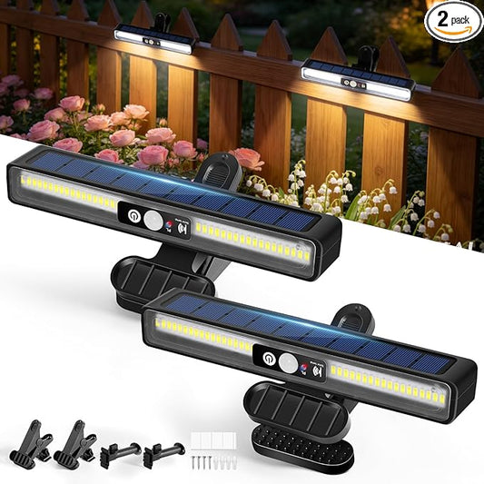 Clip On Solar Motion Sensor Outdoor Lights, 2 Pack 72 LED Solar Fence Lights Waterproof with 3 Modes, 6000K, Portable Solar Powered Security Lights for Fence, Gutter, Garage, Garden, RV Camping