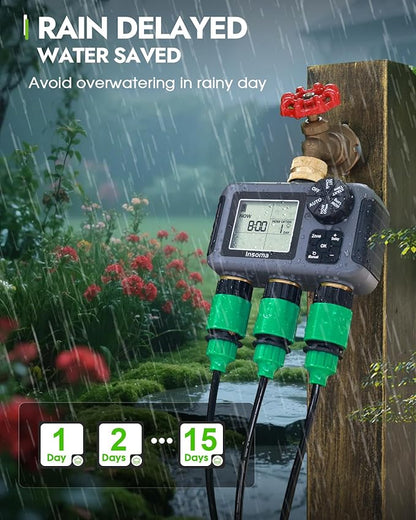 Insoma 3 Outlet Sprinkler Timer Brass Inlet & Outlet, Programmable Garden Hose Timer with Rain Delay, Manual& Automatic Watering System