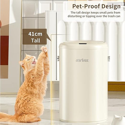 MRBIN Metal Automatic Tall Kitchen Trash Can with Lid, 18L / 4.8gal Slim Motion Sensor Waste Basket, Touchless Electric Garbage Bin for Office and Bathroom, Cream White
