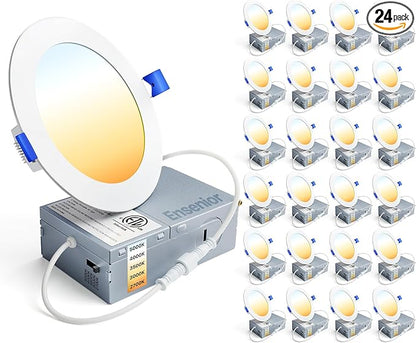Ensenior 24 Pack 4 Inch LED Recessed Ceiling Light, Dimmable, 2700K-5000K 5CCT, 750LM 9W 120V, High Brightness Canless Wafer Downlight - ETL&FCC&IC
