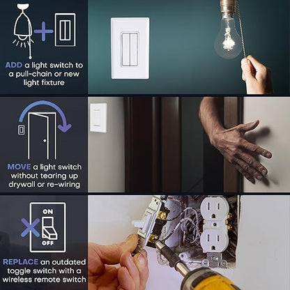 RunLessWire Fan & Light Battery-Free DIY Wireless Light Switch Kit 150ftRF Range Kinetic for Bathrooms & Ceiling Fans: 1 Dual Remote Switch Controls 2 5A On/Off Receivers Separately White