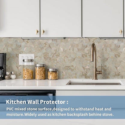 10-Sheet Heavy-Duty Hexagon Peel and Stick Backsplash, Thick Waterproof &Heat Resistant Stick on Wall Tiles, Ecru Beige Stone Mosaic for Kitchen & Bathroom, Strong Adhesive Permanent PVC Tiles