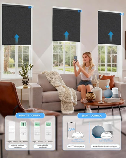 Tokblind Motorized Roller Shade with Remote Control, Blackout Electric Shade for Windows Compatible with Alexa Google via Hub, Rechargeable Smart Window Blind for Home Office (Pure Black)