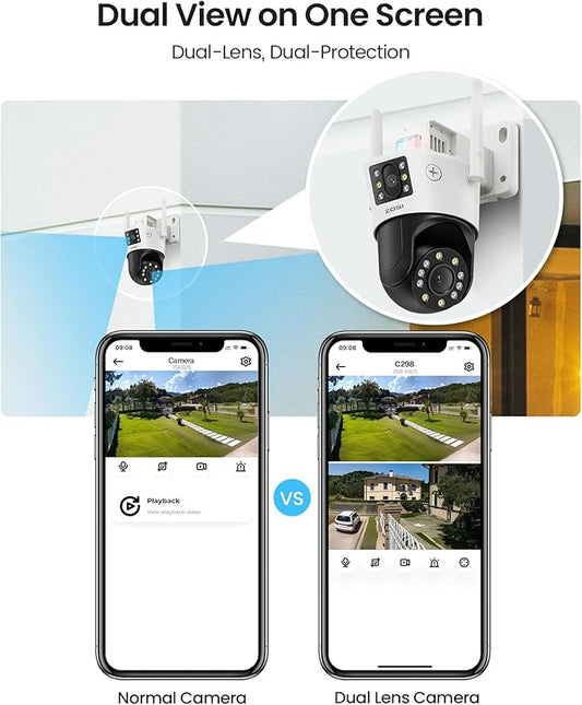 ZOSI C298 Max 4K 8MP Dual-Lens(2x4MP) Wired WiFi PTZ Plug-in Security Camera Outdoor, Wide Angle, 2.4GHz 360 Camera, 8X Hybrid Zoom, Person/Vehicle Detect, Color Night Vision, Spotlight Siren
