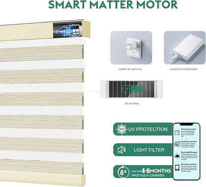 Motorized Zebra Blinds with Remote [Dual Layer + Light Filtering] 60% Blackout Smart Shades for Indoor Windows, Alexa Google and HomeKit Compatible, Customized Size, Woven Driftwood