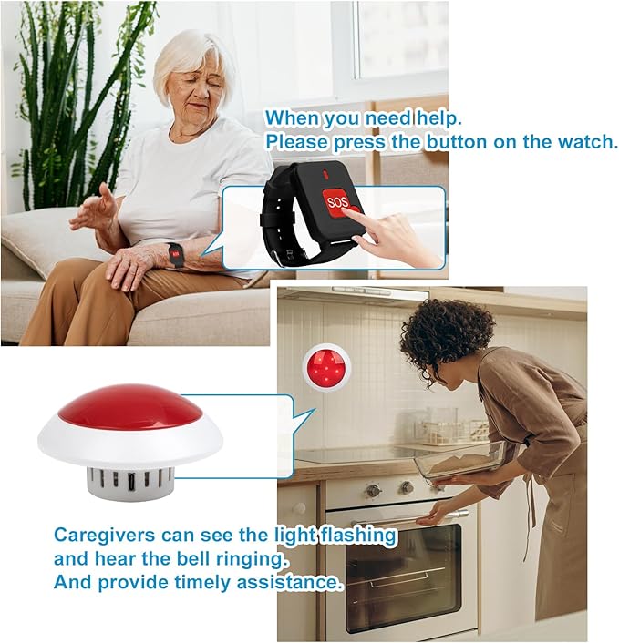 Wireless Caregiver Pager System with 1 Strobe Light Receiver and 2 Waterproof Wrist SOS Panic Buttons Emergency Alert for Elderly & Disabled, Home Care & Hospitals, No Monthly Fee
