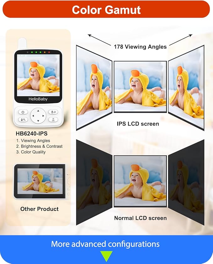 HelloBaby No WiFi Baby Monitor with Voice-Activated Night Vision,4" IPS Camera and Audio, 2-Way Talk and PTZ, 26H Battery and 1000ft Range, Portable for Nursery and Travel