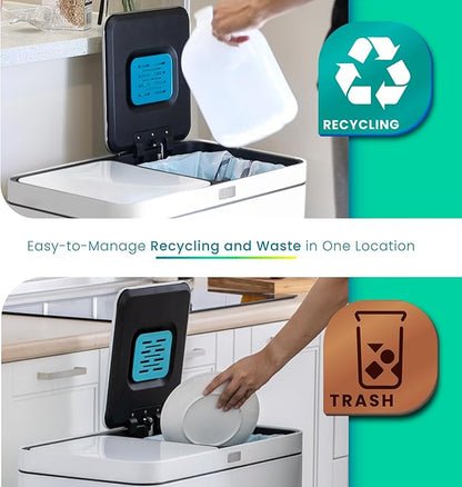 Home Zone Living 16 Gallon Kitchen Trash Can with Dual Compartments for Recycling and CleanAura for Odor Control, Stainless Steel, White, 60 Liters Total
