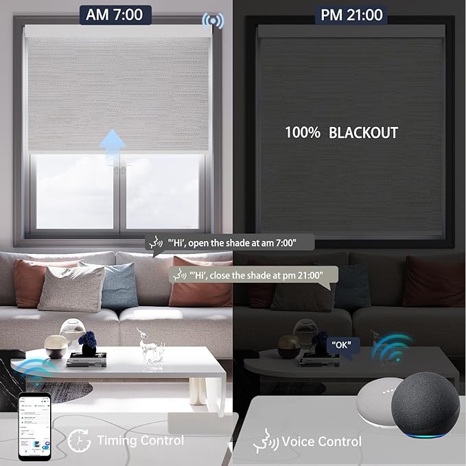 Motorized Blinds with Remote, Blackout Smart Blinds for Windows Automatic Shades Compatible with Alexa, Motorized Shades Customized for Bedroom Home Office (Blackout-Jacquard White)