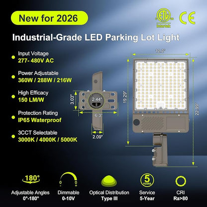 3 Pack 480V LED Parking Lot Light 360W/288W/216W, 3000K 4000K 5000K Adjustable 54000LM 0-10V Dimmable with Photocell, ETL Listed Shoebox Pole Lights Arm & Slip Fitter Mount, AC277-480V
